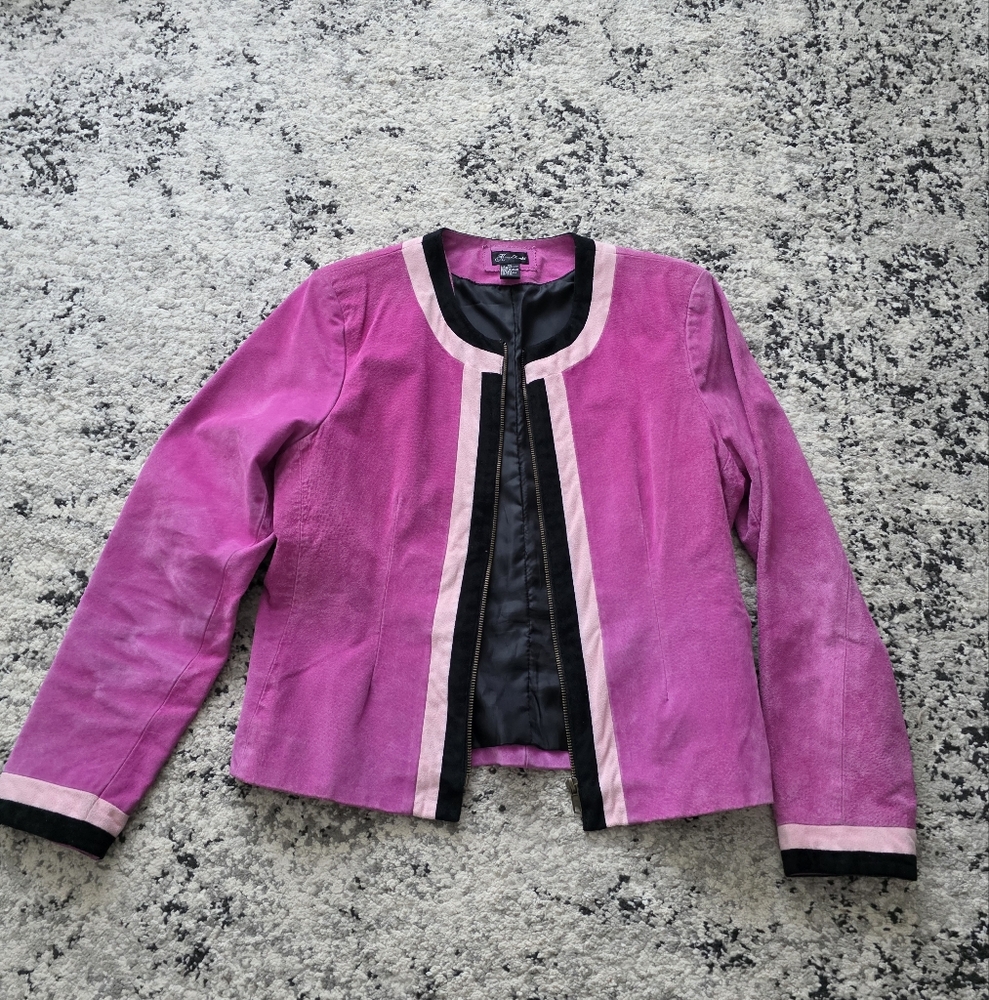 Vintage Suede KAREN ARNOLD Leather Jacket Pink Black Womns M Preppy Biker Grunge